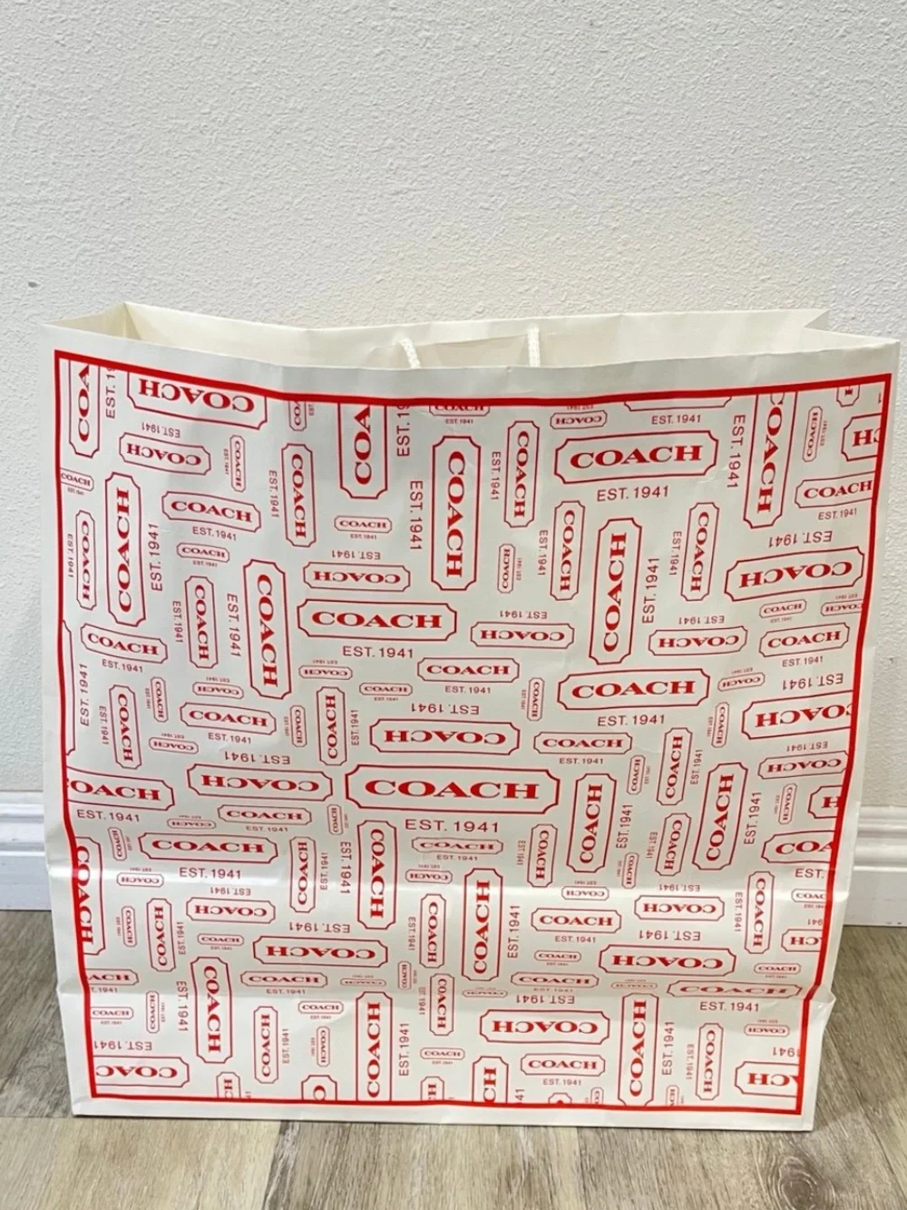 COACH White and Red Logo Print Shopping Bag